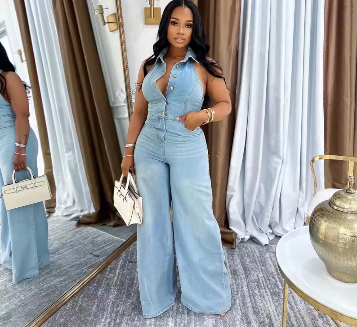 Women’s 2 pc denim vest button up and plain loose jeans