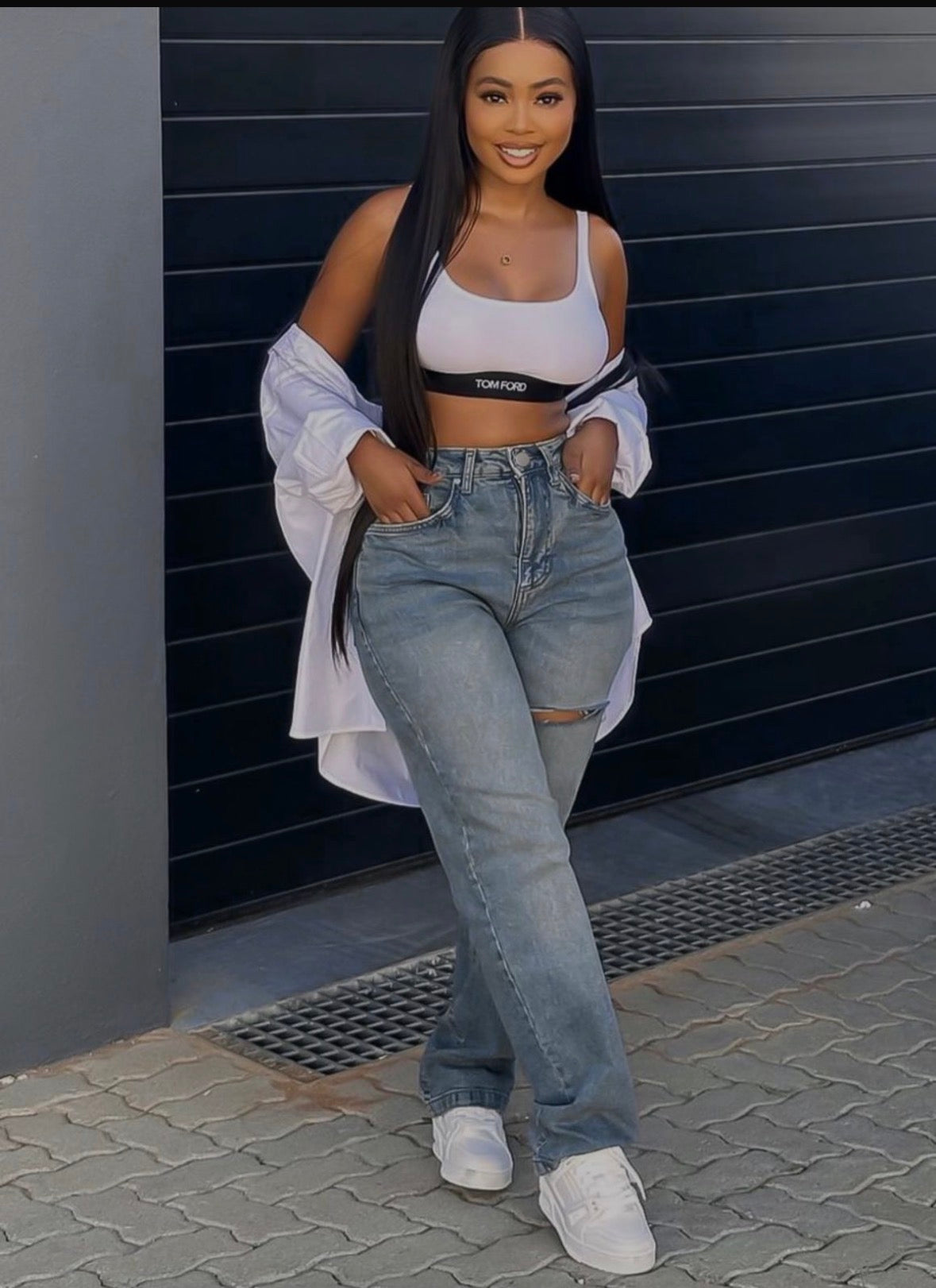 Women’s high waist plain grey/blue washed denim jeans