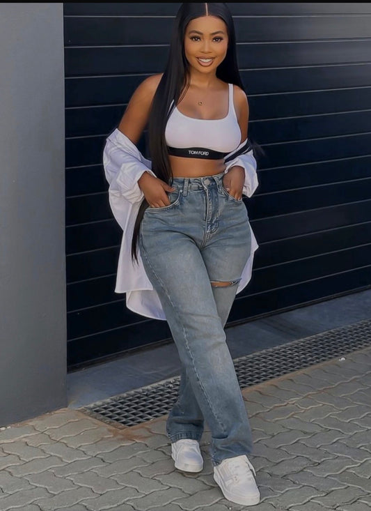 Women’s high waist plain grey/blue washed denim jeans