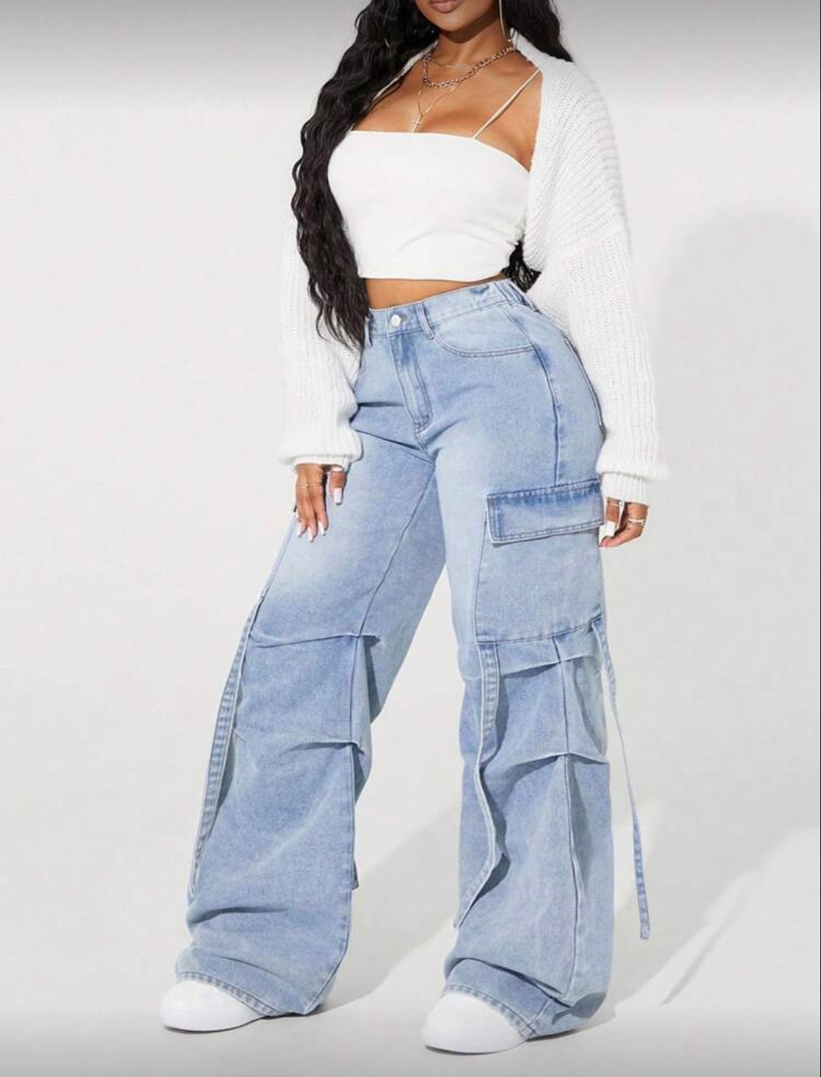 Light wash multi pocket baggy loose multi pocket cargo pants jeans for women