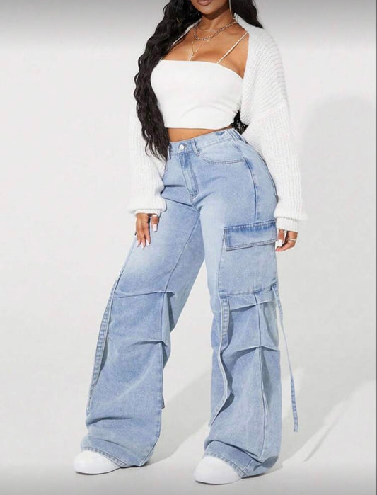 Light wash multi pocket baggy loose multi pocket cargo pants jeans for women