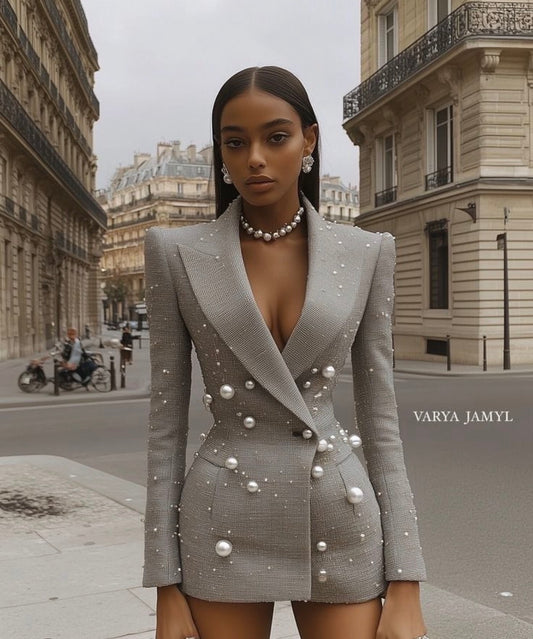 Sophisticated Grey pearl design grey elegant blazer for women