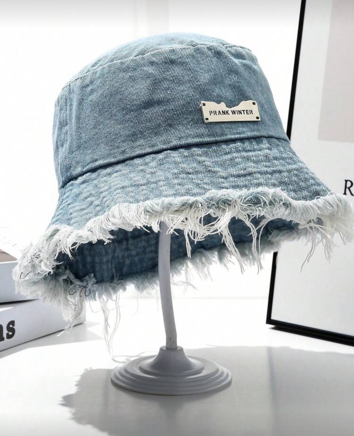 One Women Fringed Washed Denim Bucket Hat, Suitable For Daily Life