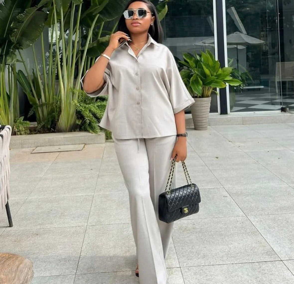 Women’s beige solid colour button shirt and solid pants 2 pc