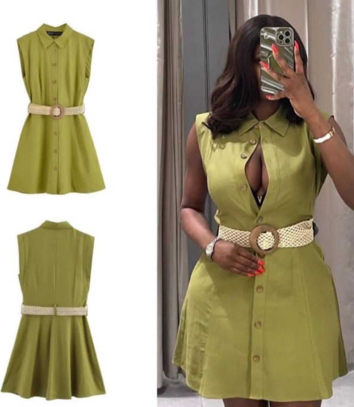 Women’s floral green sleeveless dress with white belt