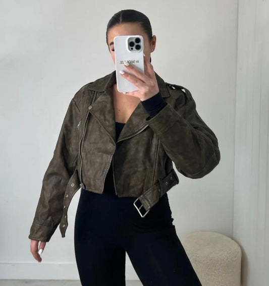 Women’s elegant cropped zip up and buckle up long sleeve jacket