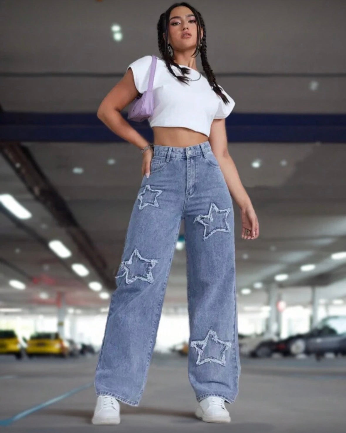 Medium wash star patterned denim pocket jeans