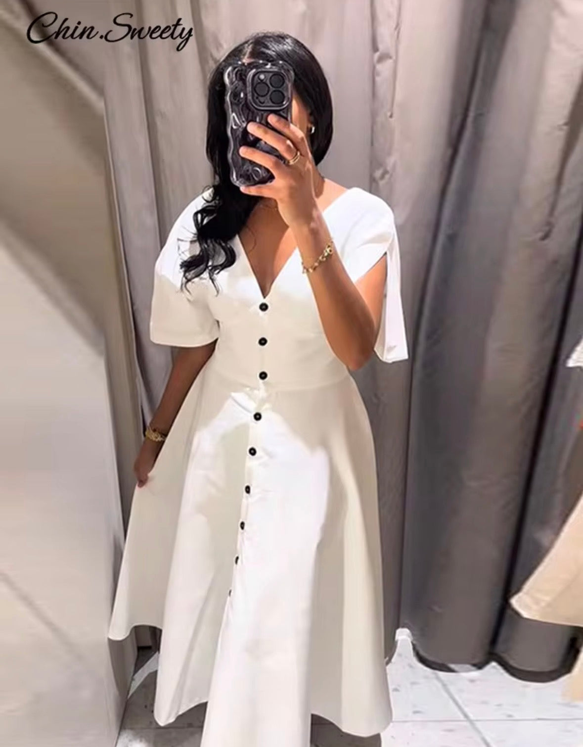 Women’s white button half sleeve long elegant floral dress