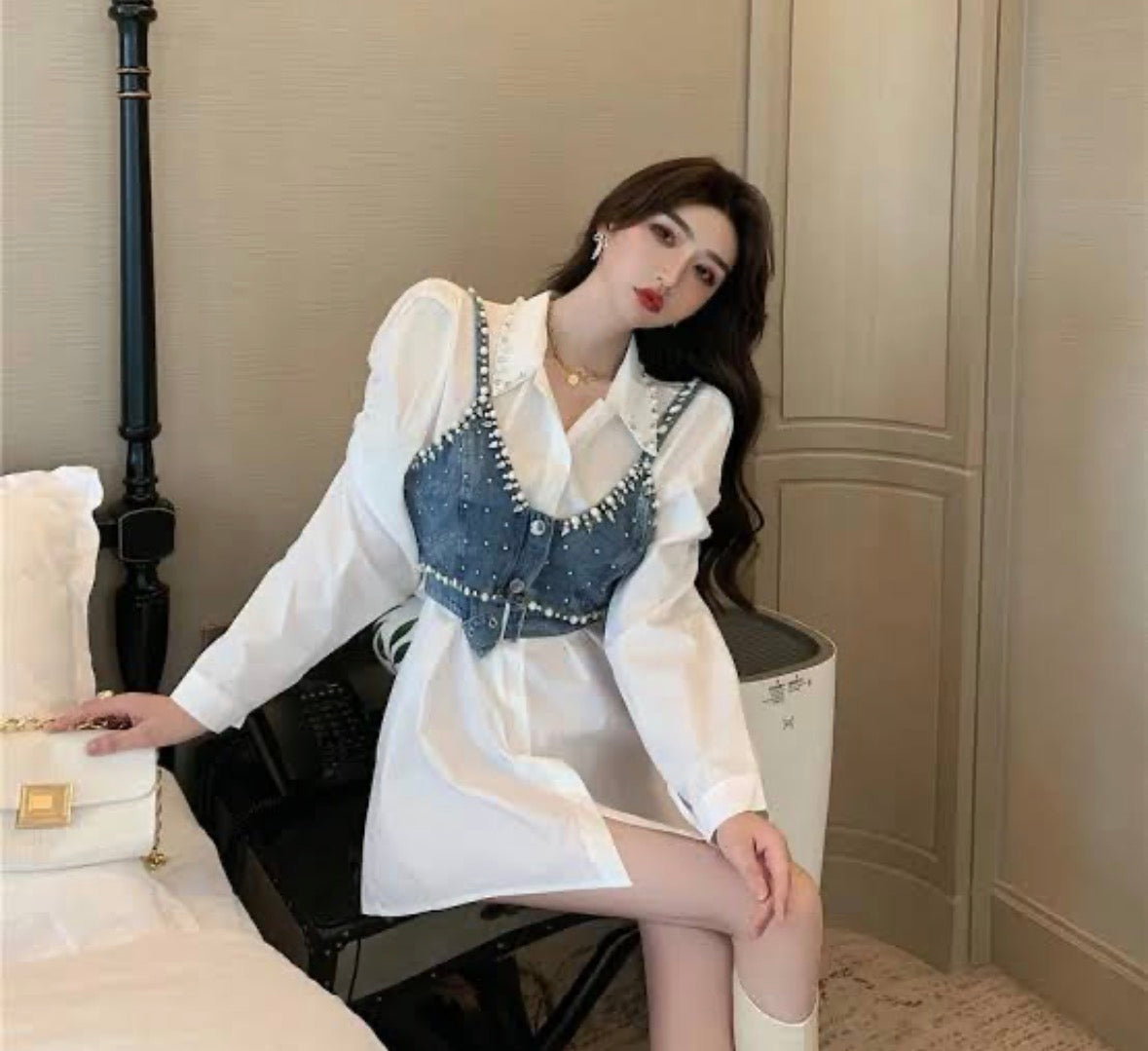 Denim cute elegant medium wash strap on top for women