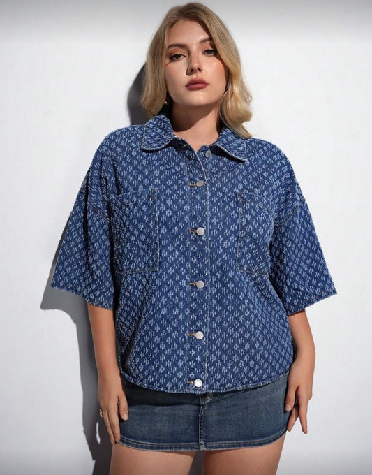 Women’s blue pattern button up half sleeve shirt
