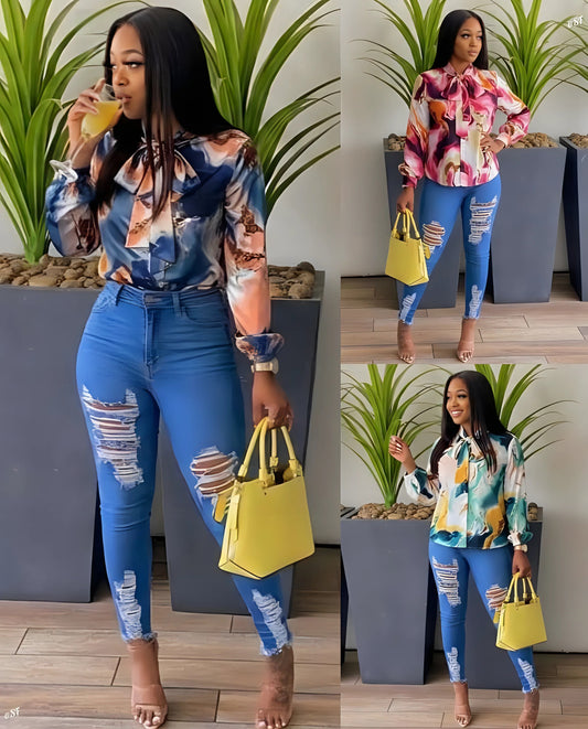 Elegant high women’s long sleeve multi color blouse