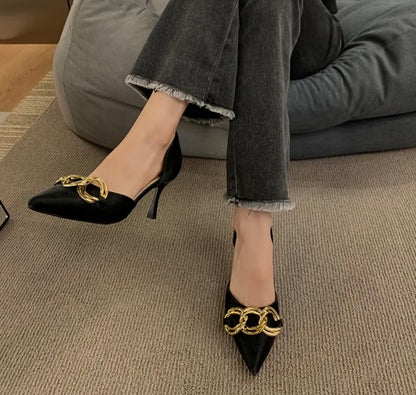 Women’s black with gold metal design pointed toe high end heels