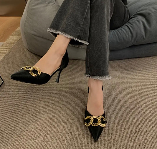 Women’s black with gold metal design pointed toe high end heels