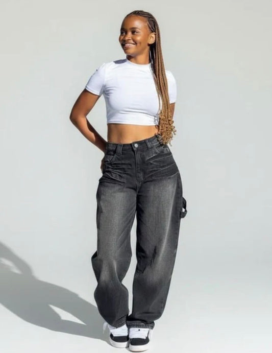 Women’s dark black loose faded baggy street wear jeans