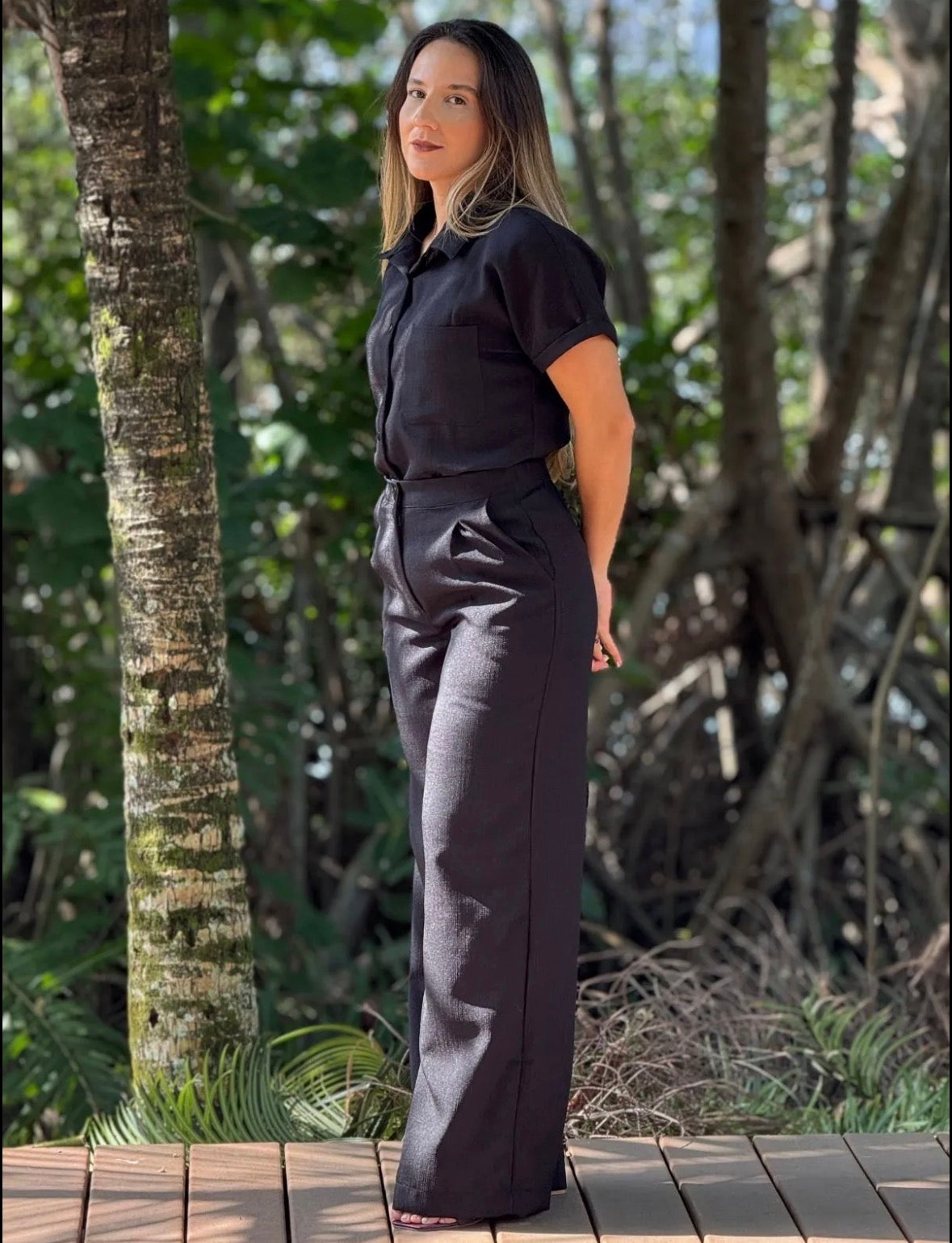 Linen solid colour button up mid sleeve shirt and solid colour pants 2 pc