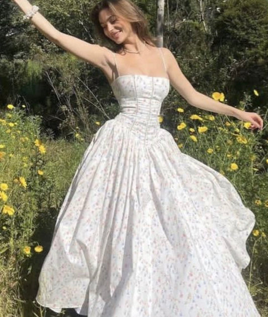 Women’s floral sleeveless white flower design long dress