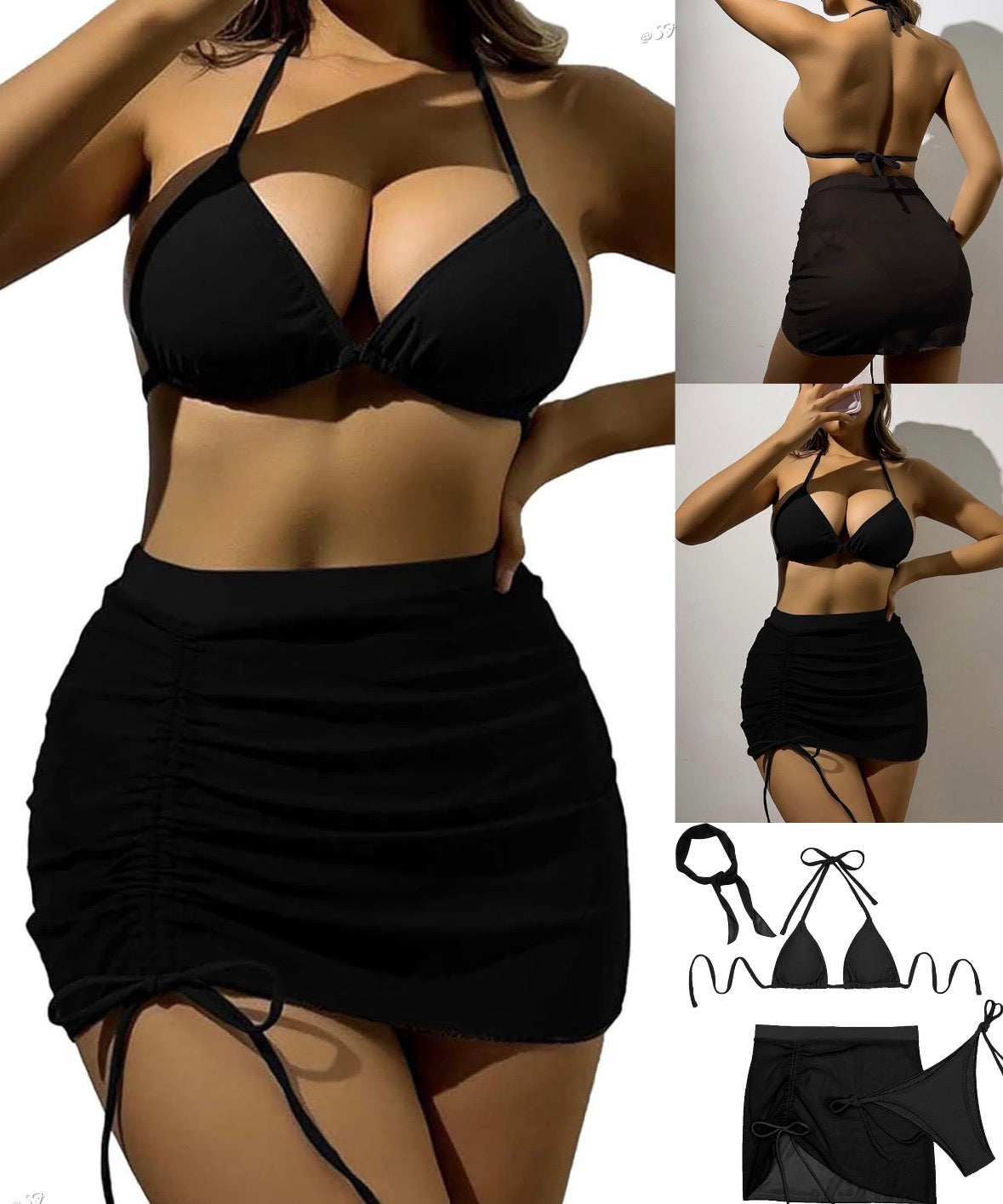 Black solid colour full 4 pc swimwear set for women