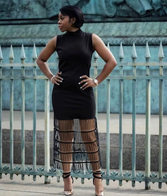 Black solid colour see through bottom sleeveless dress