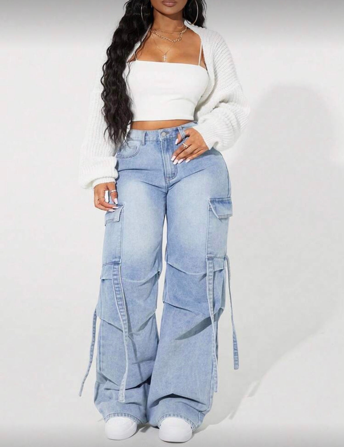 Light wash multi pocket baggy loose multi pocket cargo pants jeans for women