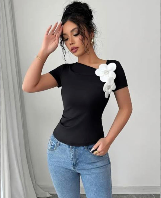 Women’s elegant 3d floral knit polyester top with flower design