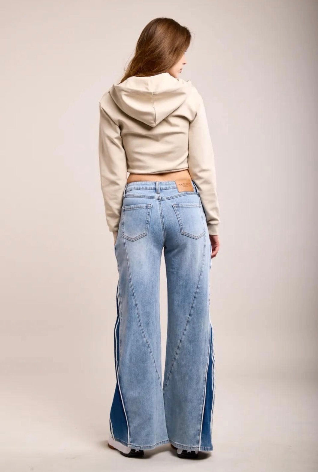 Blue flared baggy striped light wash stylish jeans for women