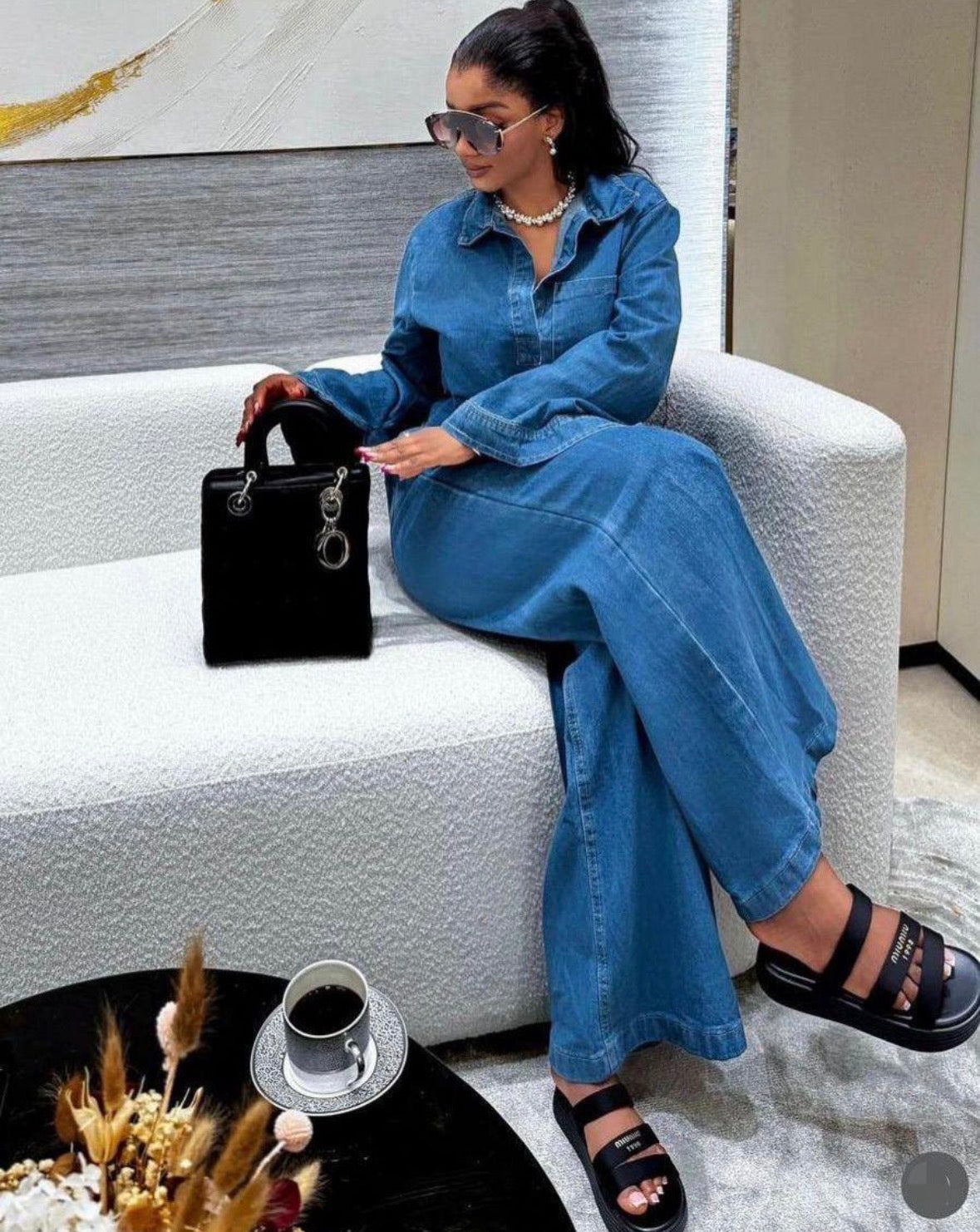 Women’s elegant 2 piece denim jeans and long sleeve button up shirt