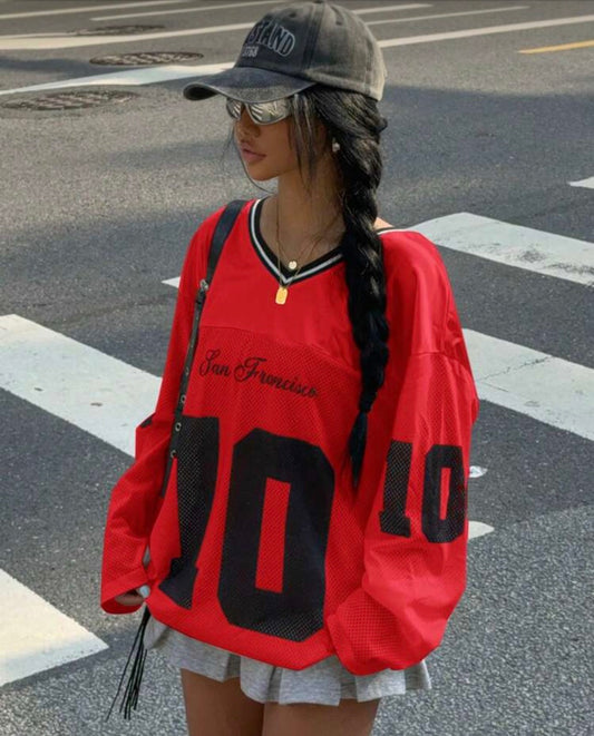 Women’s v neck long sleeve street baggy long sleeve t shirt jersey