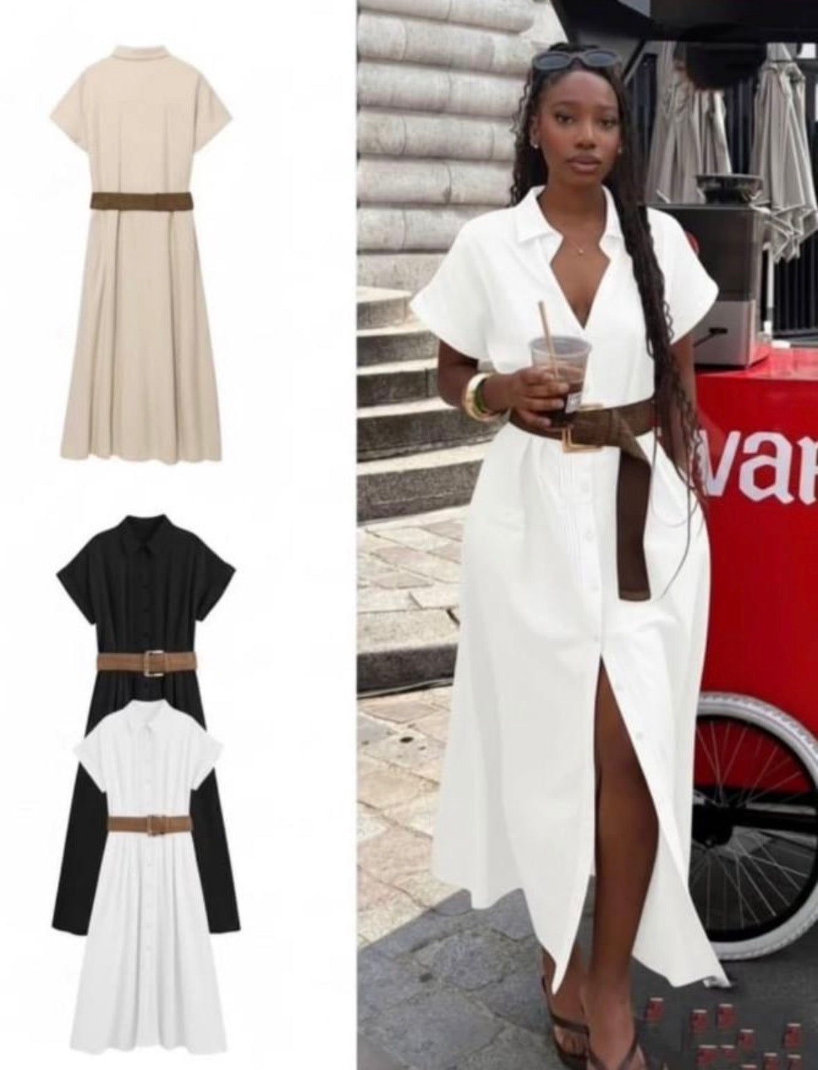 Women’s open leg half sleeve open neck collar long dress with buckle